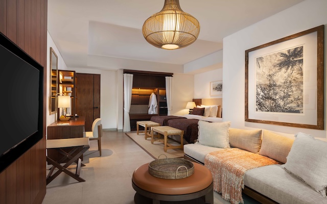 hotel suite decorated in quaint wood accents
